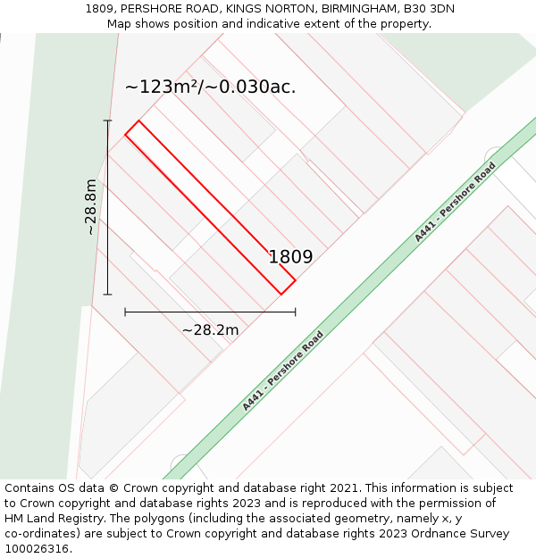 1809, PERSHORE ROAD, KINGS NORTON, BIRMINGHAM, B30 3DN: Plot and title map
