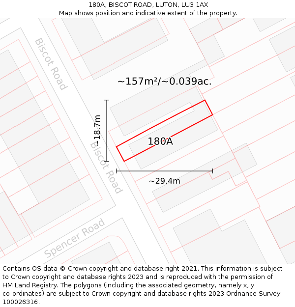 180A, BISCOT ROAD, LUTON, LU3 1AX: Plot and title map