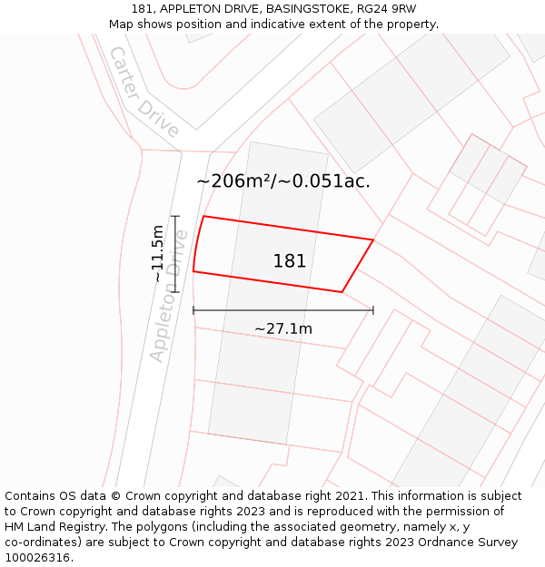 181, APPLETON DRIVE, BASINGSTOKE, RG24 9RW: Plot and title map