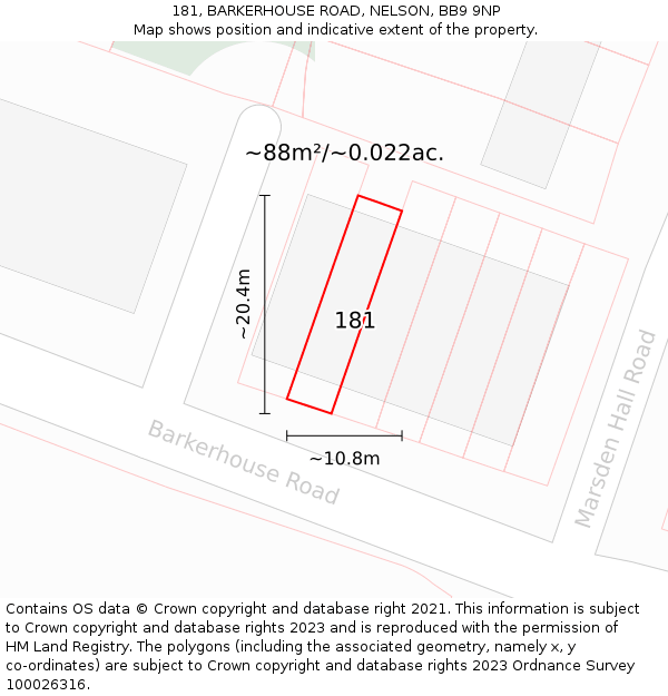 181, BARKERHOUSE ROAD, NELSON, BB9 9NP: Plot and title map