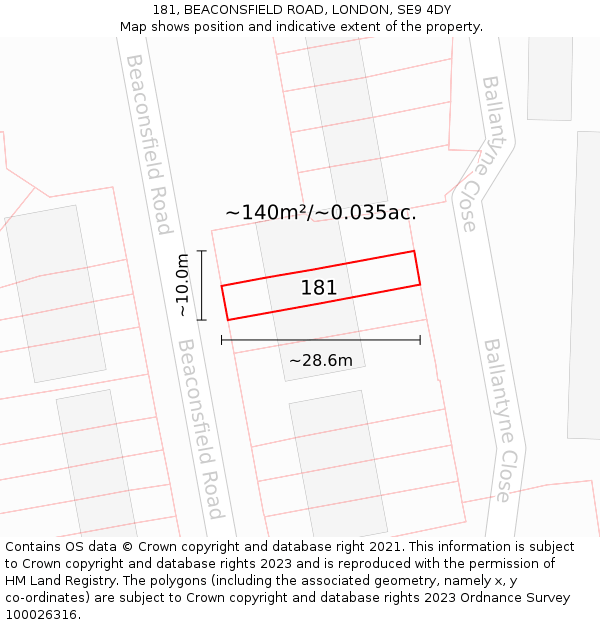 181, BEACONSFIELD ROAD, LONDON, SE9 4DY: Plot and title map