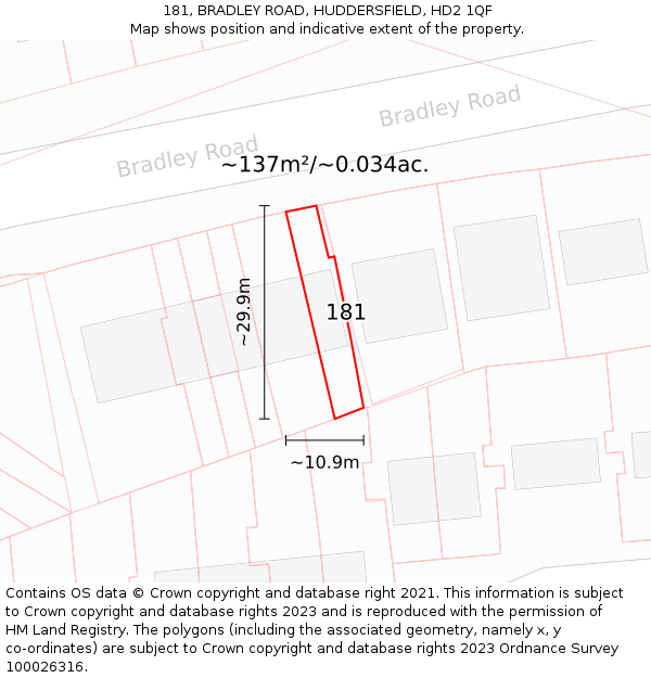 181, BRADLEY ROAD, HUDDERSFIELD, HD2 1QF: Plot and title map