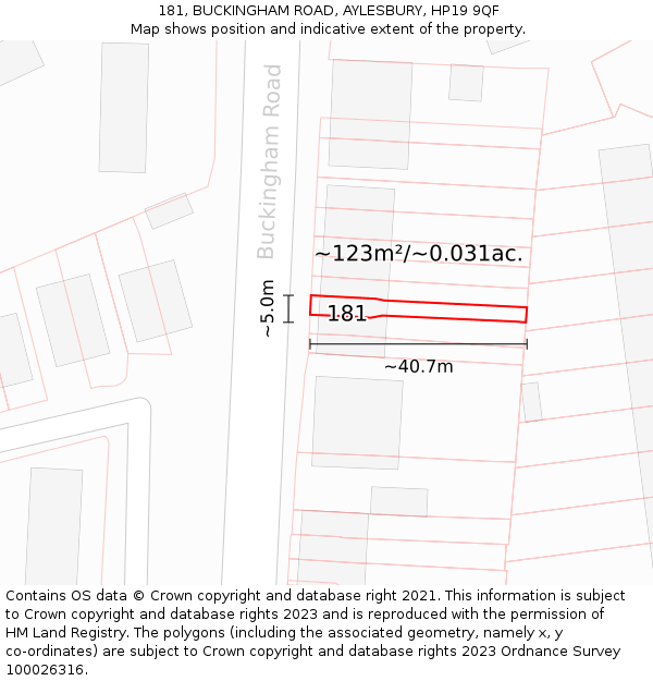 181, BUCKINGHAM ROAD, AYLESBURY, HP19 9QF: Plot and title map