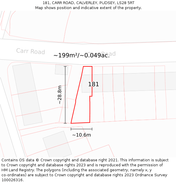 181, CARR ROAD, CALVERLEY, PUDSEY, LS28 5RT: Plot and title map