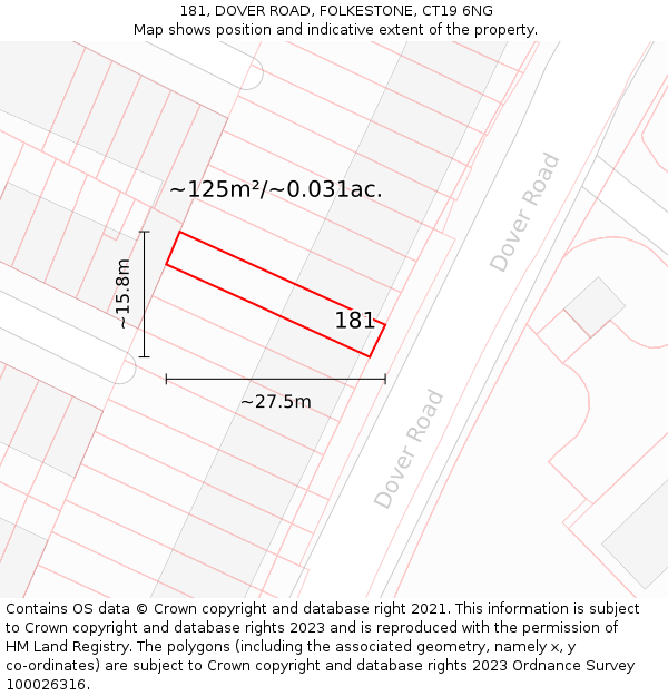 181, DOVER ROAD, FOLKESTONE, CT19 6NG: Plot and title map