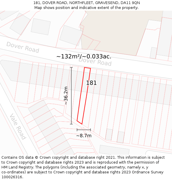 181, DOVER ROAD, NORTHFLEET, GRAVESEND, DA11 9QN: Plot and title map