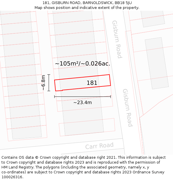 181, GISBURN ROAD, BARNOLDSWICK, BB18 5JU: Plot and title map