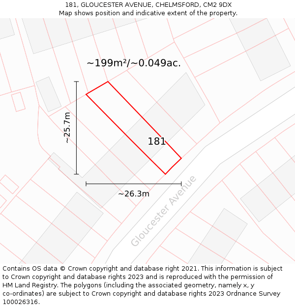181, GLOUCESTER AVENUE, CHELMSFORD, CM2 9DX: Plot and title map