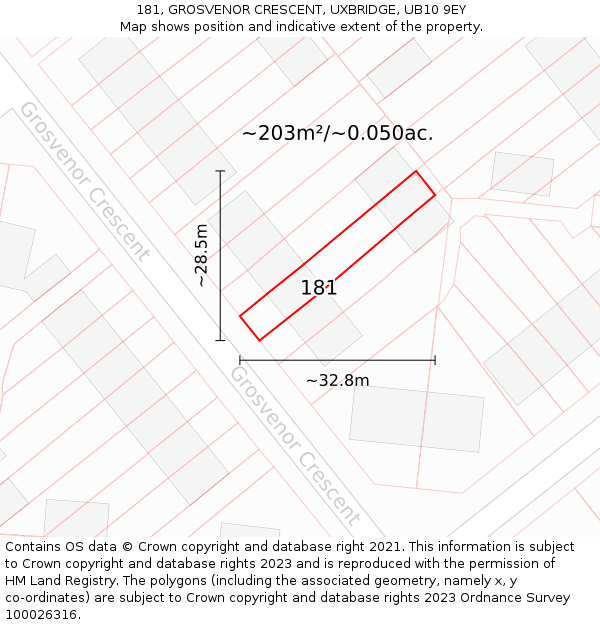 181, GROSVENOR CRESCENT, UXBRIDGE, UB10 9EY: Plot and title map