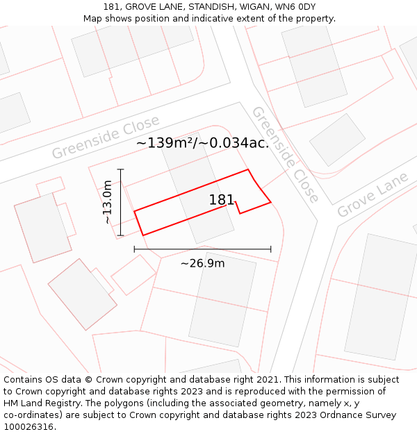 181, GROVE LANE, STANDISH, WIGAN, WN6 0DY: Plot and title map