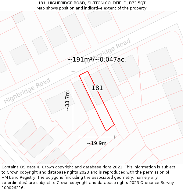 181, HIGHBRIDGE ROAD, SUTTON COLDFIELD, B73 5QT: Plot and title map
