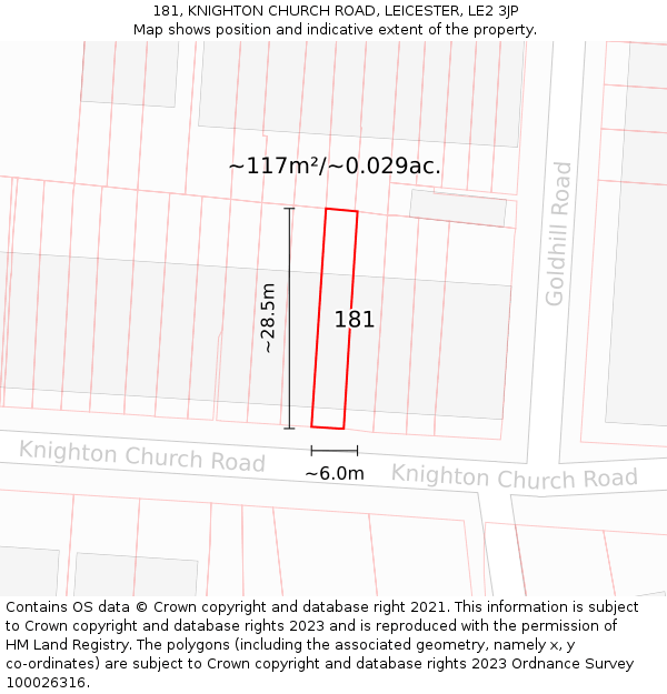 181, KNIGHTON CHURCH ROAD, LEICESTER, LE2 3JP: Plot and title map