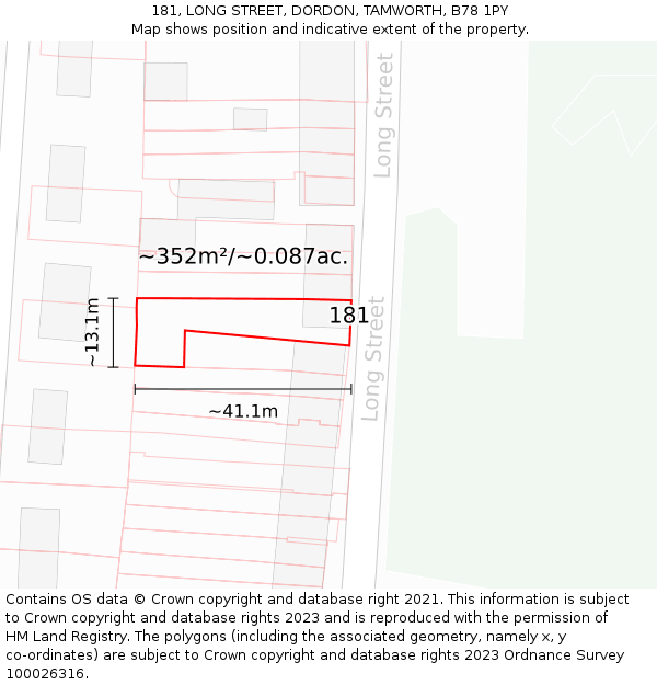 181, LONG STREET, DORDON, TAMWORTH, B78 1PY: Plot and title map