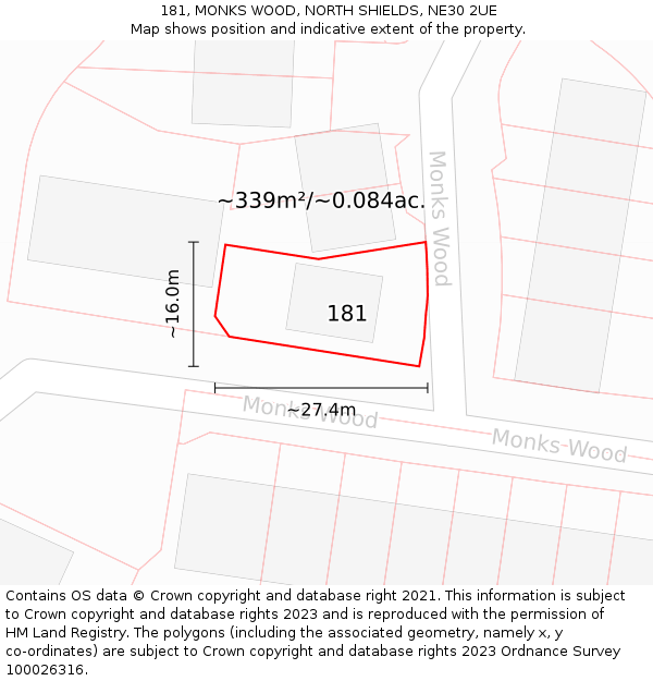 181, MONKS WOOD, NORTH SHIELDS, NE30 2UE: Plot and title map
