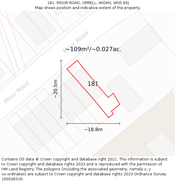 181, MOOR ROAD, ORRELL, WIGAN, WN5 8SJ: Plot and title map