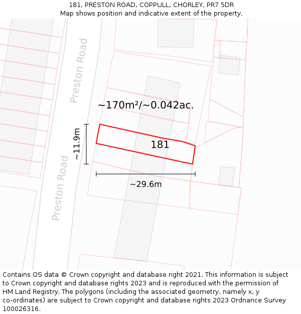 181, PRESTON ROAD, COPPULL, CHORLEY, PR7 5DR: Plot and title map