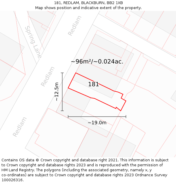 181, REDLAM, BLACKBURN, BB2 1XB: Plot and title map