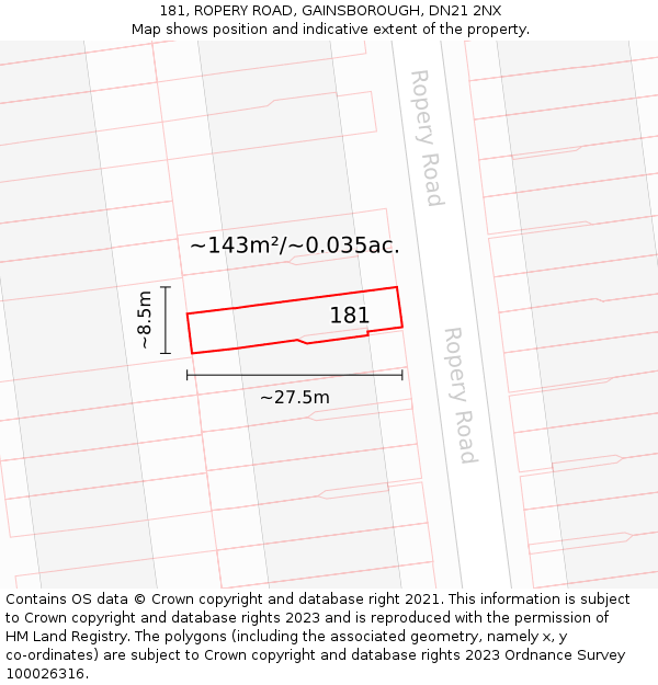 181, ROPERY ROAD, GAINSBOROUGH, DN21 2NX: Plot and title map