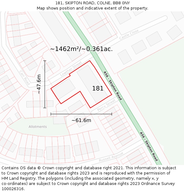 181, SKIPTON ROAD, COLNE, BB8 0NY: Plot and title map
