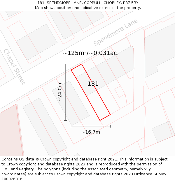181, SPENDMORE LANE, COPPULL, CHORLEY, PR7 5BY: Plot and title map
