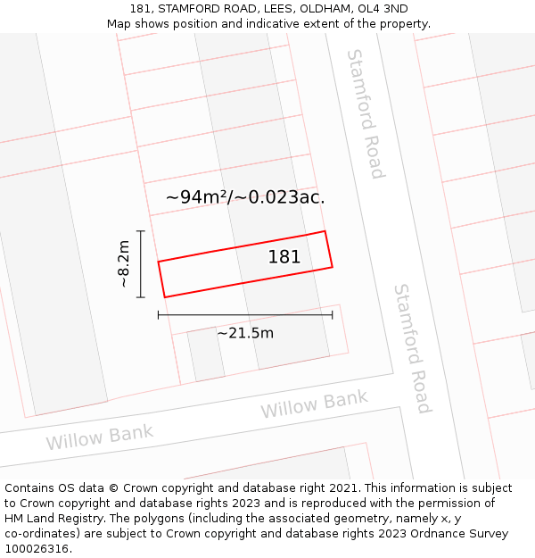 181, STAMFORD ROAD, LEES, OLDHAM, OL4 3ND: Plot and title map