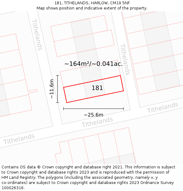181, TITHELANDS, HARLOW, CM19 5NF: Plot and title map