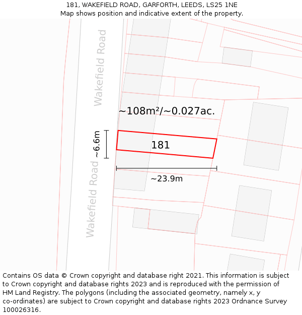 181, WAKEFIELD ROAD, GARFORTH, LEEDS, LS25 1NE: Plot and title map