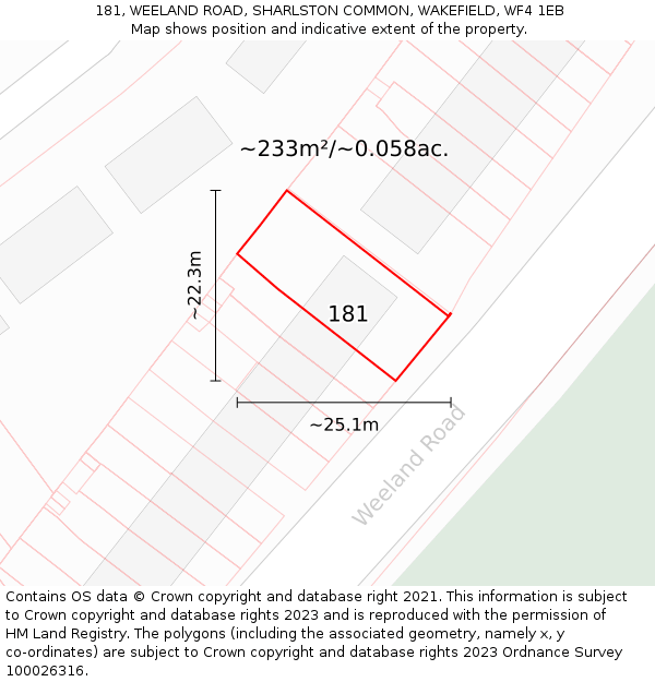 181, WEELAND ROAD, SHARLSTON COMMON, WAKEFIELD, WF4 1EB: Plot and title map
