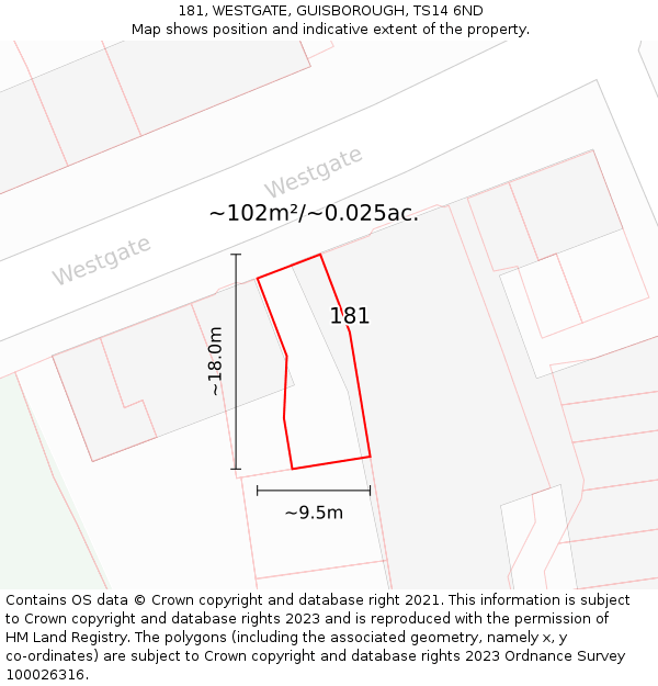 181, WESTGATE, GUISBOROUGH, TS14 6ND: Plot and title map