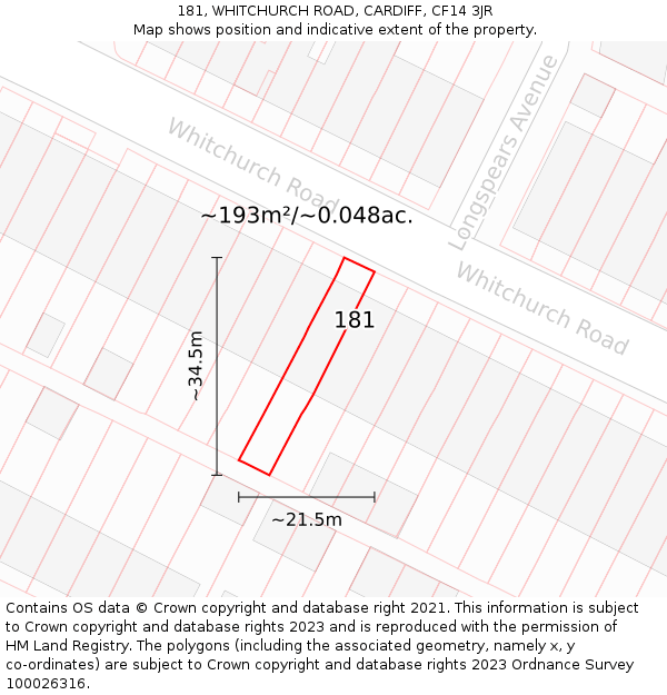 181, WHITCHURCH ROAD, CARDIFF, CF14 3JR: Plot and title map