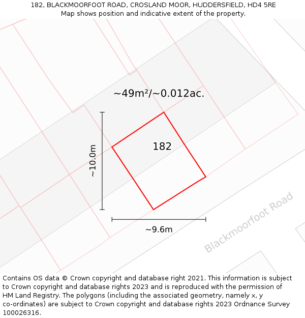 182, BLACKMOORFOOT ROAD, CROSLAND MOOR, HUDDERSFIELD, HD4 5RE: Plot and title map