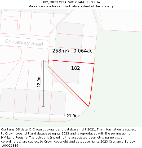 182, BRYN OFFA, WREXHAM, LL13 7UA: Plot and title map