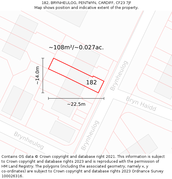 182, BRYNHEULOG, PENTWYN, CARDIFF, CF23 7JF: Plot and title map