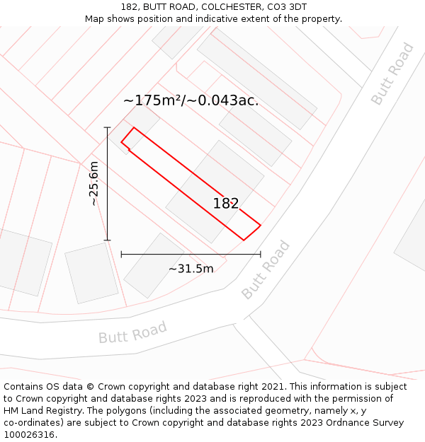 182, BUTT ROAD, COLCHESTER, CO3 3DT: Plot and title map