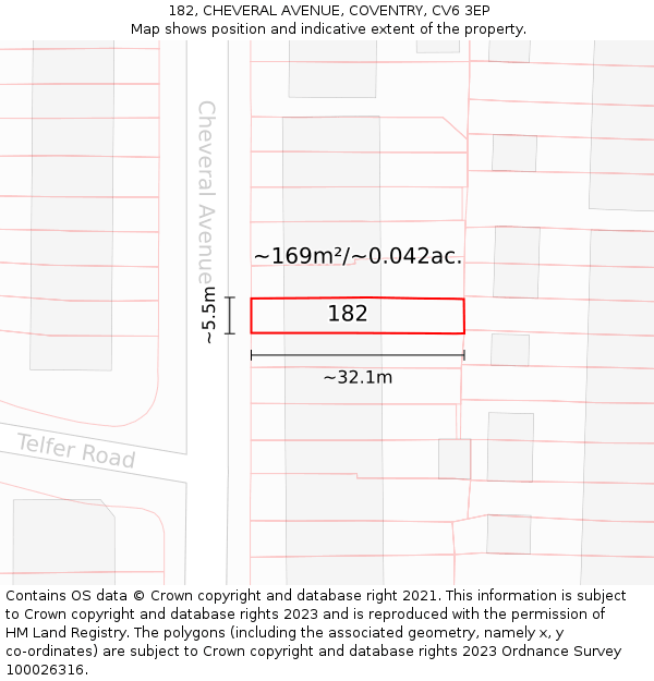 182, CHEVERAL AVENUE, COVENTRY, CV6 3EP: Plot and title map