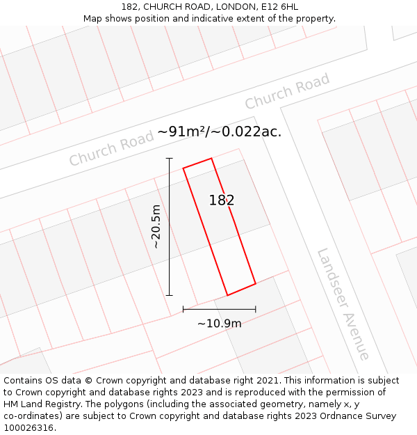 182, CHURCH ROAD, LONDON, E12 6HL: Plot and title map