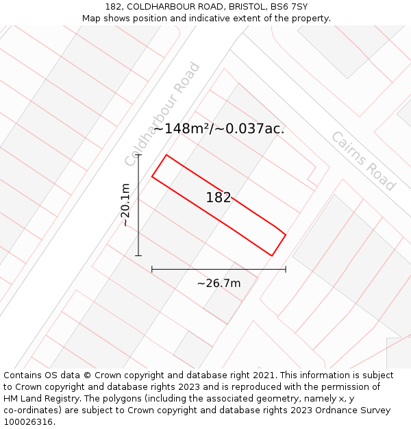 182, COLDHARBOUR ROAD, BRISTOL, BS6 7SY: Plot and title map