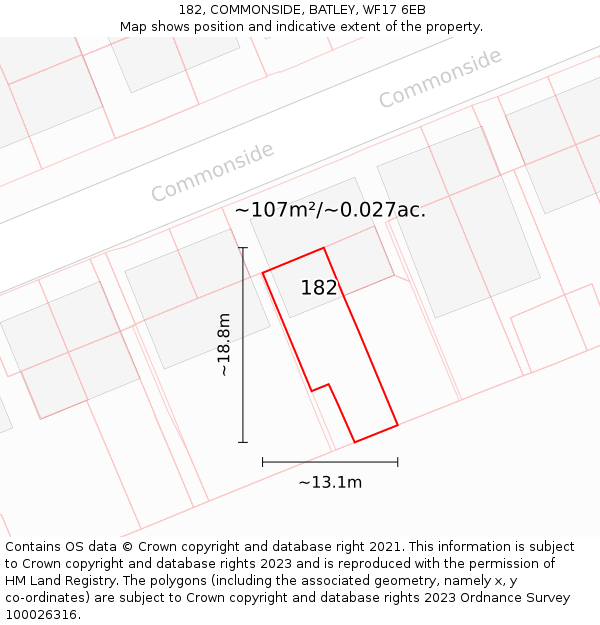 182, COMMONSIDE, BATLEY, WF17 6EB: Plot and title map