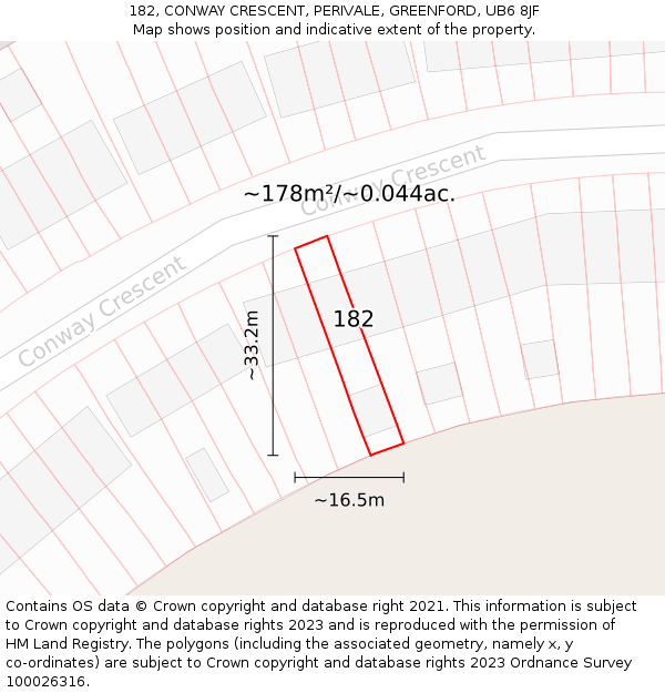 182, CONWAY CRESCENT, PERIVALE, GREENFORD, UB6 8JF: Plot and title map