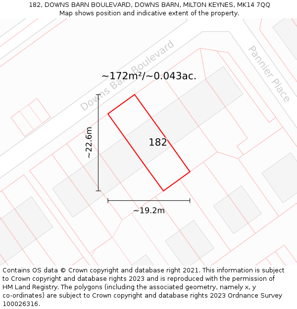 182, DOWNS BARN BOULEVARD, DOWNS BARN, MILTON KEYNES, MK14 7QQ: Plot and title map