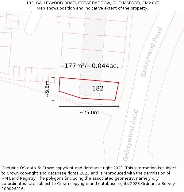 182, GALLEYWOOD ROAD, GREAT BADDOW, CHELMSFORD, CM2 8YT: Plot and title map