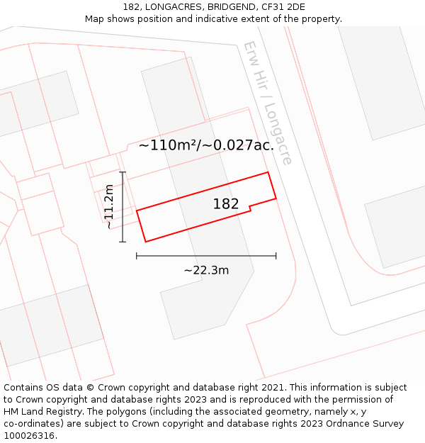 182, LONGACRES, BRIDGEND, CF31 2DE: Plot and title map