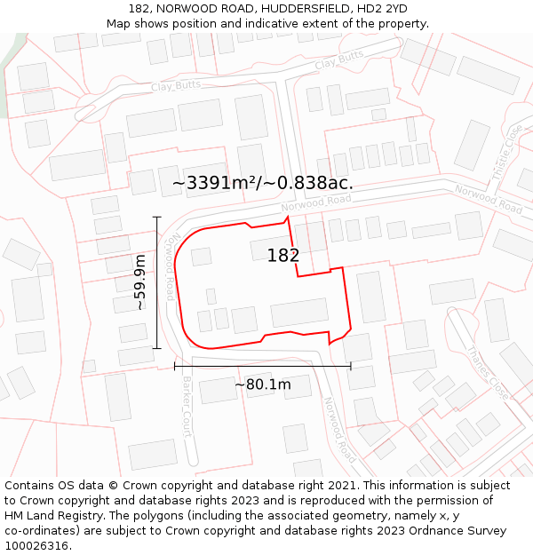 182, NORWOOD ROAD, HUDDERSFIELD, HD2 2YD: Plot and title map