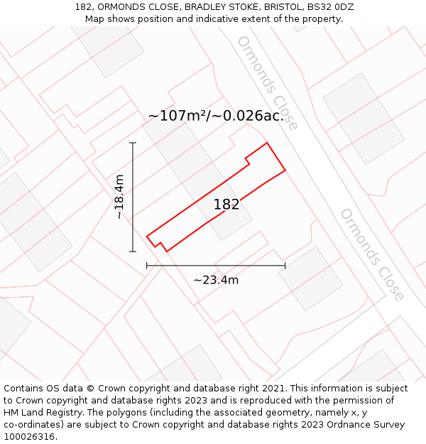 182, ORMONDS CLOSE, BRADLEY STOKE, BRISTOL, BS32 0DZ: Plot and title map