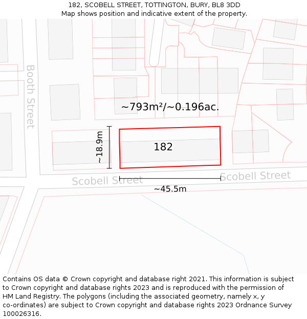 182, SCOBELL STREET, TOTTINGTON, BURY, BL8 3DD: Plot and title map