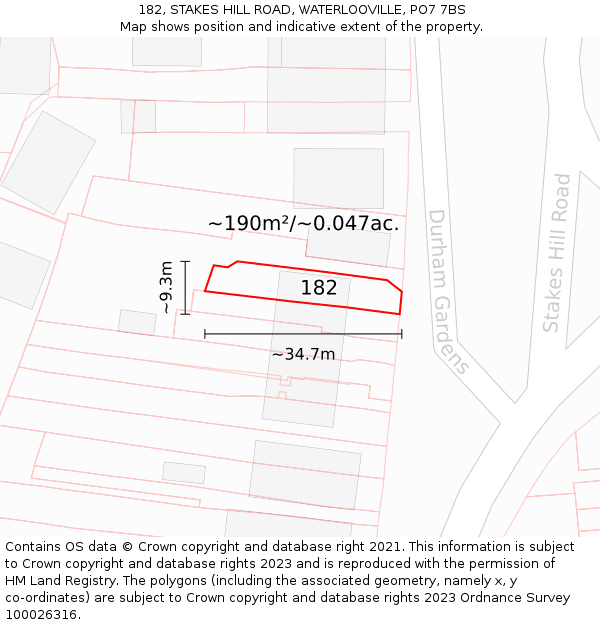 182, STAKES HILL ROAD, WATERLOOVILLE, PO7 7BS: Plot and title map