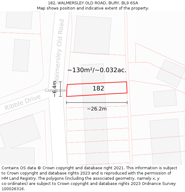 182, WALMERSLEY OLD ROAD, BURY, BL9 6SA: Plot and title map