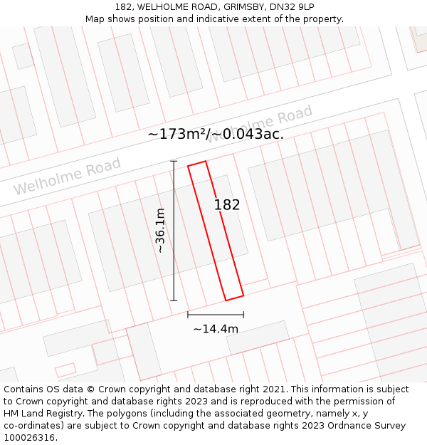 182, WELHOLME ROAD, GRIMSBY, DN32 9LP: Plot and title map