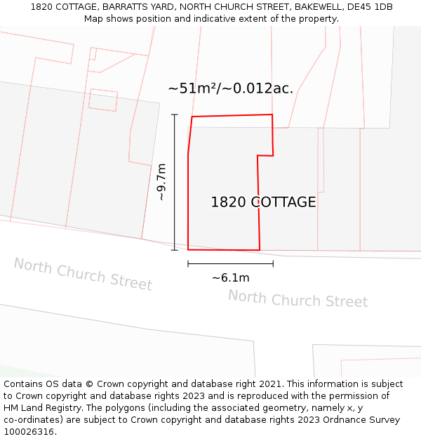 1820 COTTAGE, BARRATTS YARD, NORTH CHURCH STREET, BAKEWELL, DE45 1DB: Plot and title map