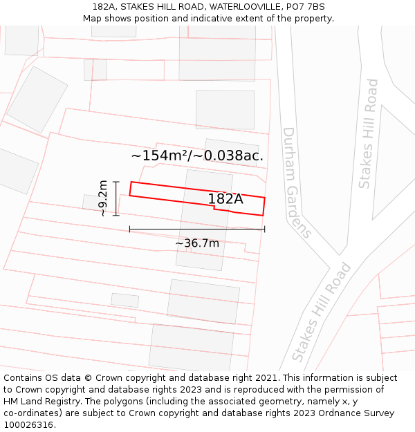 182A, STAKES HILL ROAD, WATERLOOVILLE, PO7 7BS: Plot and title map